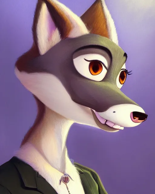 Image similar to beautiful oil painting of anthromorphic female wolf, in style of zootopia, zootopia, zootopia, fursona, furry, furaffinity, 4 k, deviantart, furry art, fursona art, wearing black business suit, business suit, in style of zootopia, wolf fursona, cyberpunk, female, very very very expressive detailed feminine face,