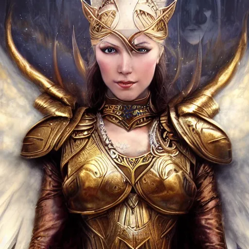 Image similar to a beautiful valkyrie, norse warrior, wearing a golden armor with norse and viking jewelry by karol bak, ayami kojima, amano, moebius, concept art, character design, fantasy, 3 d, 8 k resolution