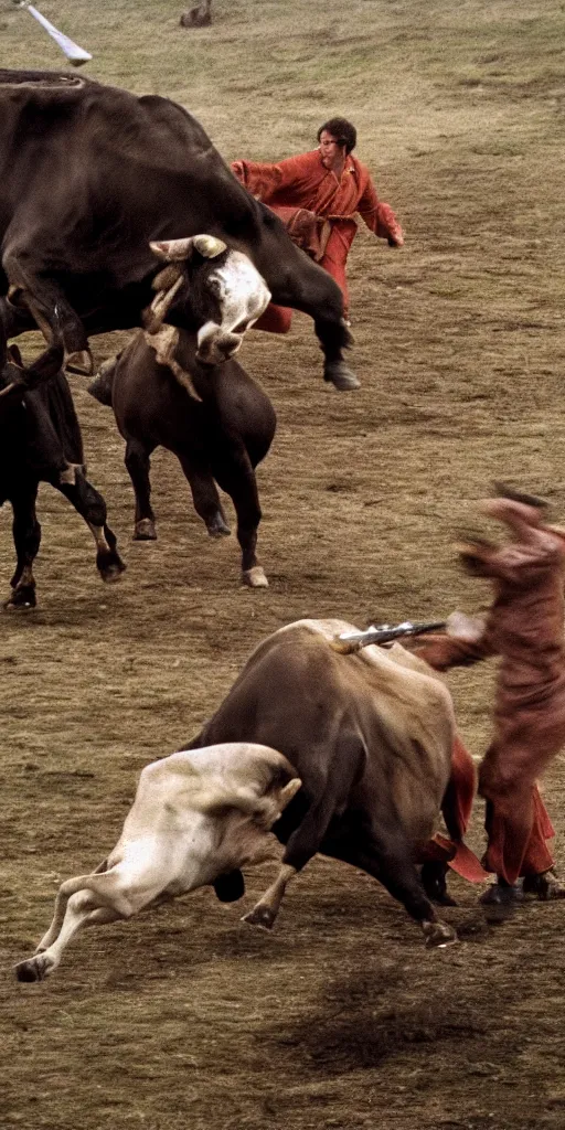 Image similar to detailed medium format photo, polaroid still from tarkovsky movie, matador facing off with bull, blurred motion, haze, high production value, intricate details, 8 k resolution, hyperrealistic, hdr, photorealistic, high definition, technicolor, award - winning photography, masterpiece, amazing colors
