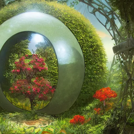 Prompt: a portal in a mysterious garden filled with spherical plants, by Claesz, Pieter, trending on art station