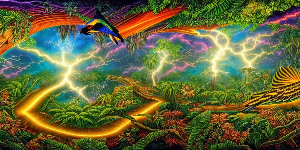 Image similar to visionary art, rainforest trapped within a lightning bolt, with great birds, rich geometry, precise and incredibly highly detailed intricate 8 k wallpaper, john stephens, lisa frank, intricate stunning award winning masterpiece trending on artstation