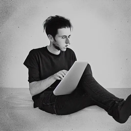 Image similar to a skinny goth guy sitting on the floor of his room, crossed legs, laptop, smartphone, video games, tv, faded effect, photograph, kodak film, realism,