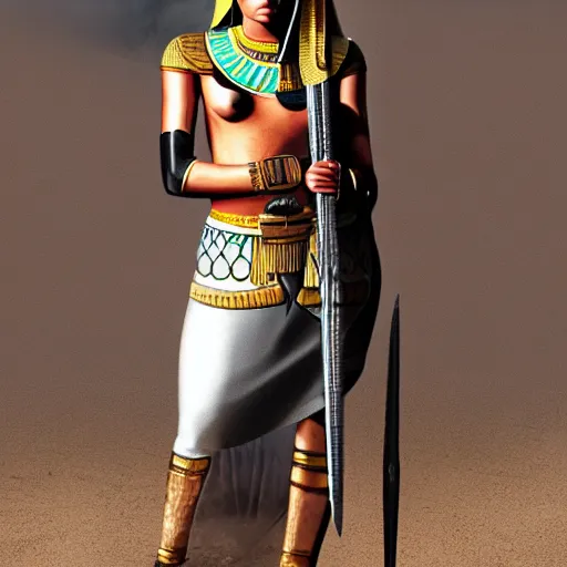 Image similar to full body photo of a female Egyptian warrior with weapons