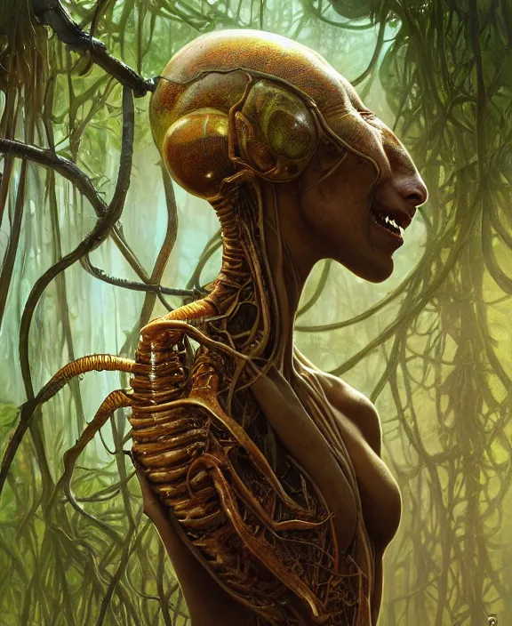 Prompt: intricate earth - toned portrait of a disturbing terrifying alien insect creature, mottling coloring, adorable, childlike, overgrown jungle environment, ultra realistic, concept art, art nouveau, photorealistic, octane render, 8 k, unreal engine. art by christopher marley and artgerm and greg rutkowski and alphonse mucha