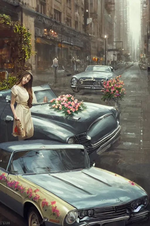 Image similar to ultra realistic illustration, old vintage car in the city with flowers blooming out the window, elegant, highly detailed, digital painting, concept art, smooth, sharp focus, illustration, art by greg rutkowski