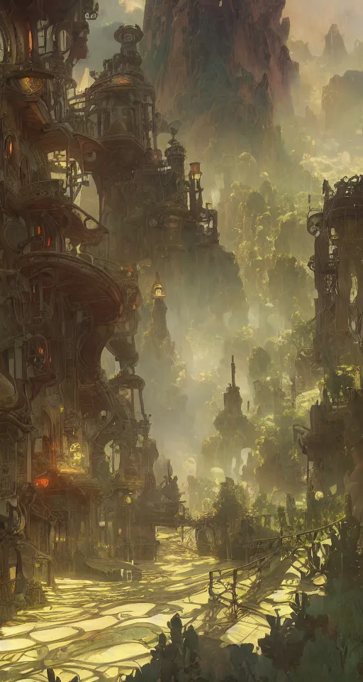 Image similar to a beautiful landscape painting of steampunk landscape, by alfons maria mucha and julie dillon and makoto shinkai, trending on artstation, octane render