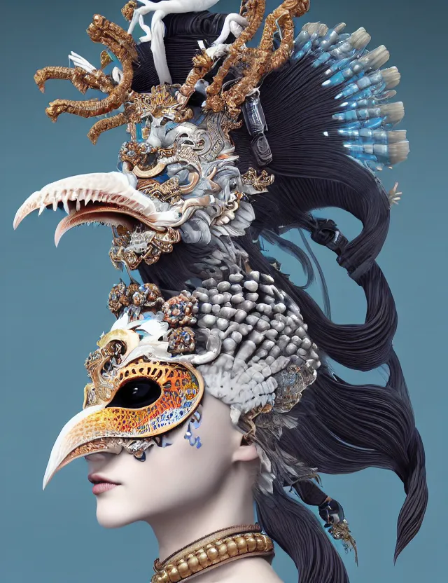 Image similar to 3 d goddess close - up profile portrait with crown, ram skull. beautiful intricately detailed punk japanese crow kitsune mask and clasical japanese kimono. betta fish, jellyfish phoenix, bio - luminescent, plasma, ice, water, wind, creature, artwork by tooth wu and wlop and beeple and greg rutkowski