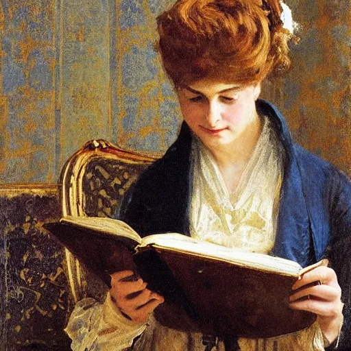 Prompt: woman reading a construction manual by alfred stevens