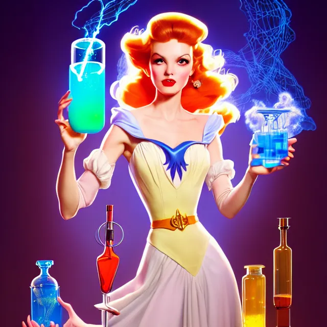 Image similar to key visual of an attractive sorceress holding two flasks full of glowing liquid, mad scientist's lab background, by gil elvgren and stanley lau, disney princess style, epic, 4 k, hdr, cinematic