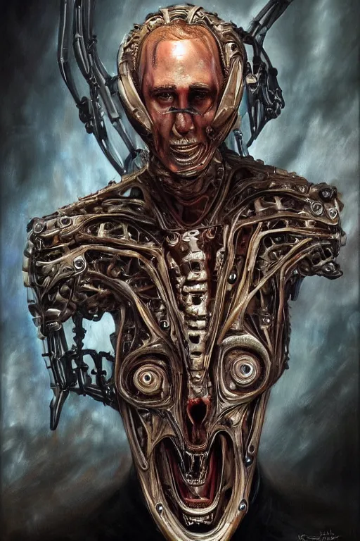 Prompt: Nicolas Cage as biomechanical alien cyborg intricate, smooth, artstation, painted by Hans Giger