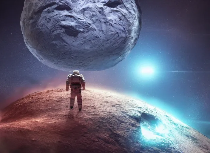 Image similar to digital art, trending on artstation, a planet exploding breaking into pieces, lunar landscape, a man in an astronaut suit, moody