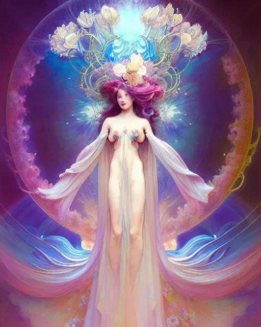 Prompt: Full View ultrarealistic Portrait ethereal fantasy deity wearing beautiful gown, rising in the air levitating, flowers, calm, 4k digital masterpiece by Anna Dittman and Alberto Seveso Ruan Jia, rossdraws, artgerm and greg rutkowski and alphonse mucha and loish and WLOP, fantasycore, Hyperdetailed, fractals, scribble art, realistic digital painting, atmospheric, fireflies, soft lighting, featured on Artstation