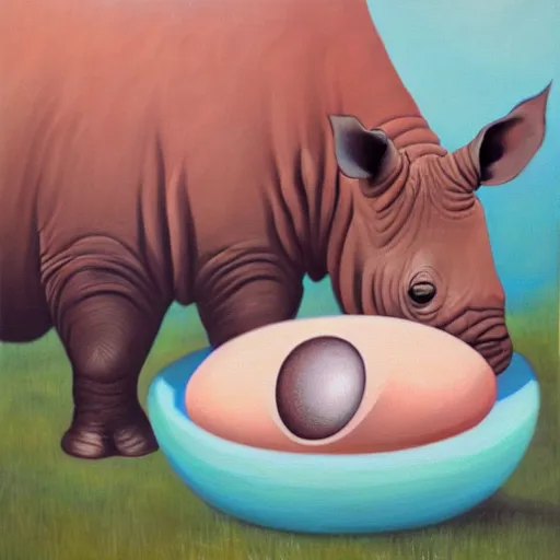 Image similar to oil on canvas of, rhinoceros hatching an egg in hawaii