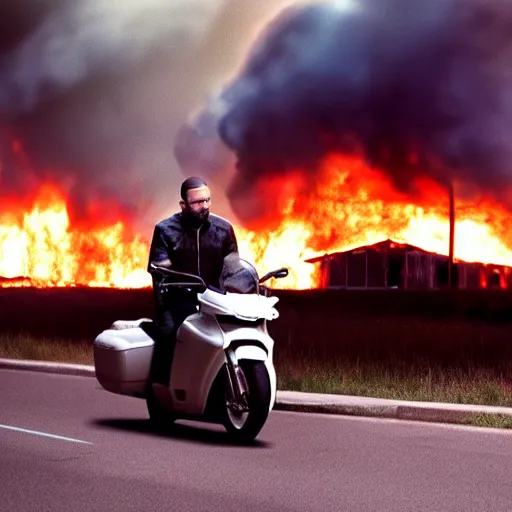 Image similar to photo of walter white and jesse pinkman riding motorcycles with a building on fire behind them, color, cinematic lighting, highly detailed