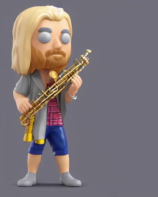 Prompt: full body 3d render of blond hippie man playing sax as a funko pop!, studio lighting, grey background, single body, no shadow, blender, trending on artstation, 8k, highly detailed