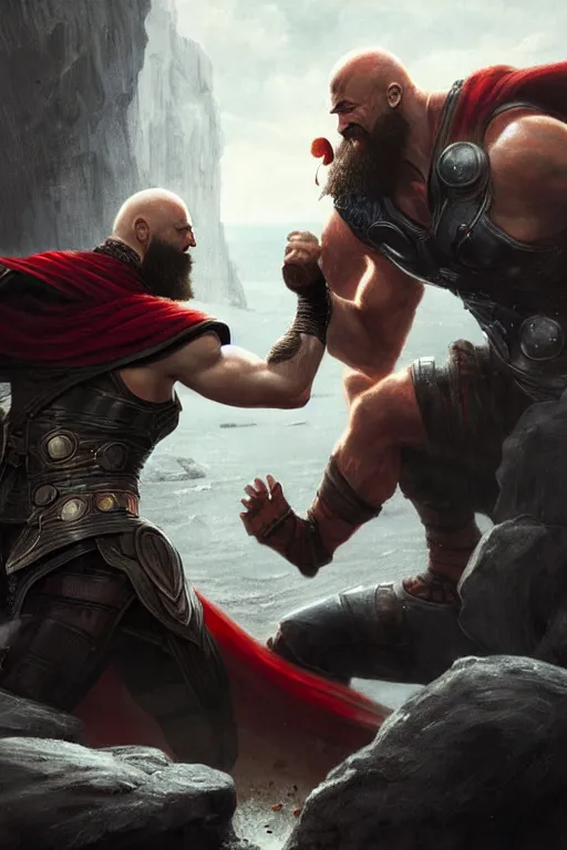 Image similar to kratos fighting thor, highly detailed, digital painting, artstation, concept art, smooth, sharp focus, illustration, unreal engine, 8 k, art by artgerm and greg rutkowski and edgar maxence