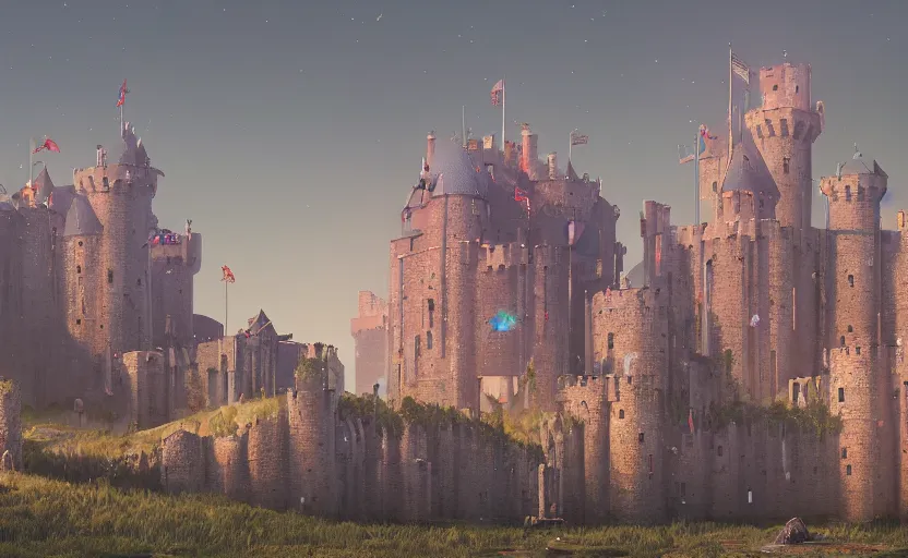 Prompt: A royal medieval castle landscape by simon stålenhag, rendered by Beeple, by Makoto Shinkai, syd meade, starwars, space art concept, digital art, unreal engine, WLOP, trending on artstation, 4K UHD image, octane render,