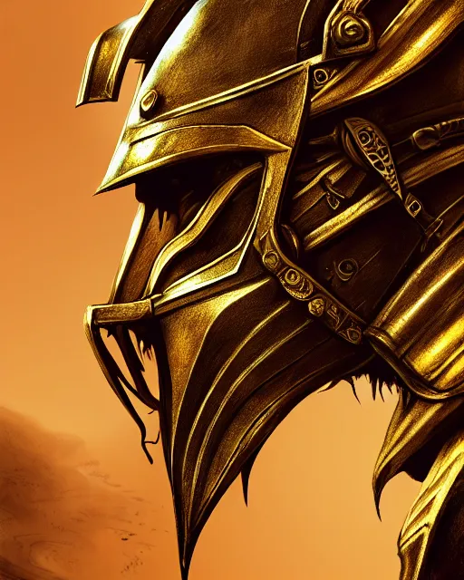 Image similar to hyper realistic side view painting of the king of the desert, angry, gold armour, sword, dramatic lighting, intricate, wild, highly detailed, digital painting, artstation, concept art, smooth, sharp focus, illustration