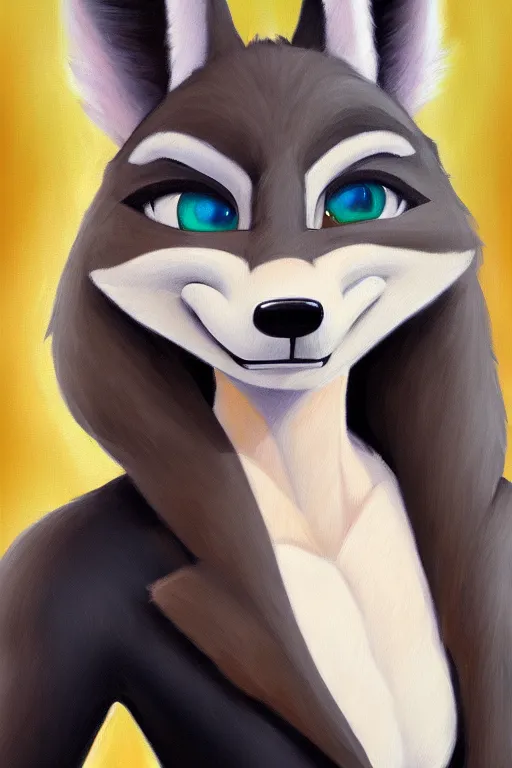 Image similar to oil painting of anthromorphic female wolf, in style of zootopia, female fursona, furry, furaffinity, 4 k, deviantart, furry art, fursona art, wearing black business suit, business suit, wolf fursona, female, very expressive detailed feminine face,