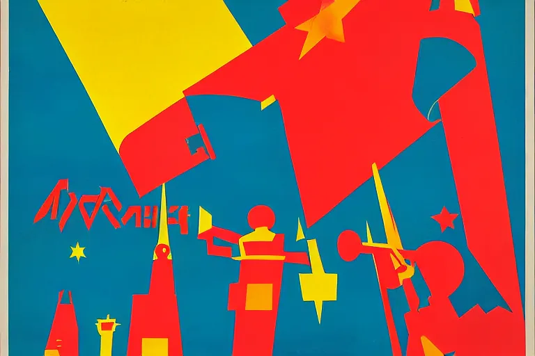 Prompt: A soviet poster for Communist Disney World park, Russian suprematism, bright colors, angry energy, poster art, 2D flat