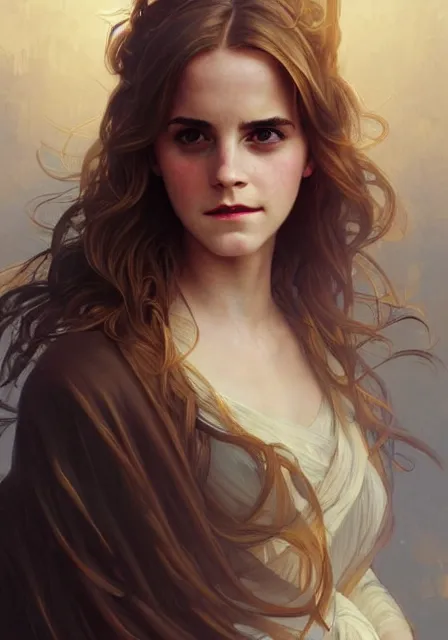 Image similar to emma watson hermione, intricate, elegant, highly detailed, digital painting, artstation, concept art, smooth, sharp focus, illustration, art by artgerm and greg rutkowski and alphonse mucha and william - adolphe bouguereau