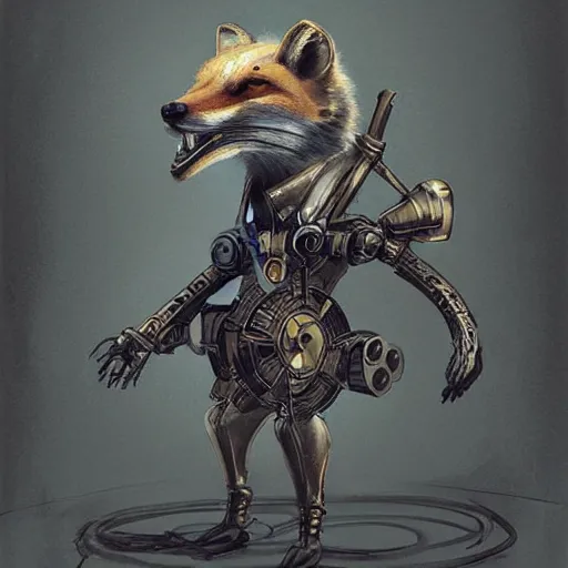 Image similar to a mechanical fox by viktor antonov,, dishonored, concept art, intricate, detailed, dramatic, artstation, punk, colorful