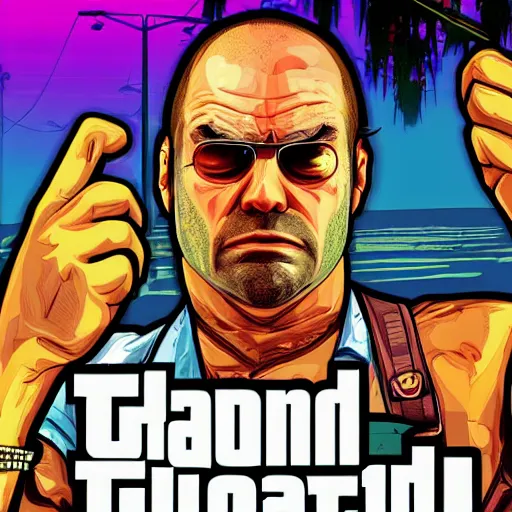 Image similar to upset delusional trippy conspiracy theorist person illustrated in the style of a GTA V poster, detailed, closeup