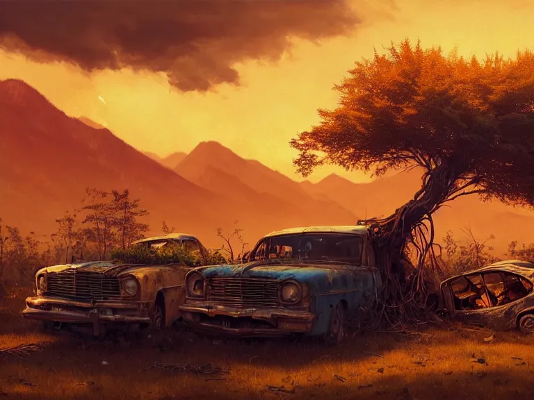 Image similar to low angle shot of tree growing inside scrap car in the foreground. overgrown. soft golden red sunset over the mountains in the background. clouds. detailed leaves. hyperrealistic, highly detailed, cinematic, beautiful, cgsociety, artstation, oil painting by greg rutkowski, by artgerm, by wlop