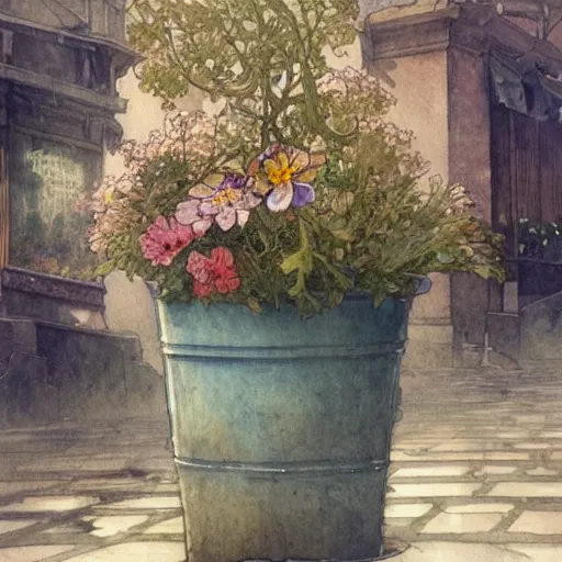 Image similar to a beautifull intricate watercolor painting of potted planter with flowers inside sitting on wet sidewalk, reflexions, high details by william turner art, greg rutkowski and alphonse mucha, trending on artstation, very very detailed, masterpiece,
