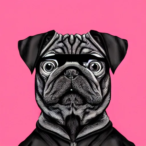 Image similar to a sad pug wearing a hoodie, the word ( sad ) is written on the hoodie in upper case letters, clear word, digital art, synthwave style, trending on artstation, matte painting