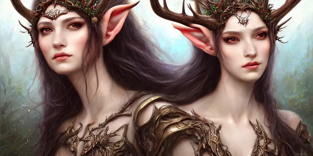 Image similar to a portrait of a female elf sorceress with antlers bathing in a lake by karol bak and jia ruan, beautiful detailed eyes, cute, fantasy, intricate, elegant, highly detailed, digital painting, 4 k, hdr, concept art, detailed jewelry, smooth, sharp focus, illustration, art by artgerm