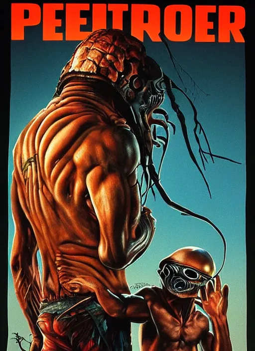 Image similar to Predator (1987) versus E.T. (1982) movie poster, illustration by Drew Struzan, John Alvin, highly detailed