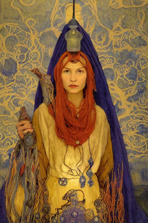 Prompt: portrait of the last witch of the dawn mountains with her lantern and regalia, by Annie Swynnerton and Nicholas Roerich and John Bauer and John William Godward and Donato Giancola and Vermeer, embroidered velvet, iridescent beetles, rich color, ornate headdress, flowing robes, lost runes, ancient civilizations, dramatic cinematic lighting, featured on Artstation, extremely detailed