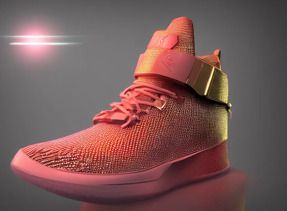 Image similar to realistic 3 d render of a futuristic sneaker, beautiful studio lighting, soft, sharp focus, neon cyberpunk highlights, intricate detail, gold and red fabric, soft rubber, textured plastic, hexagon mesh, filigree, octane render, side view, close up, trending on artstation, deviantart, nike, adidas, converse, reebok, salomon