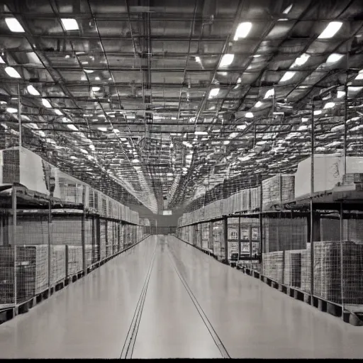 Image similar to 3 5 mm photo of the inside of an amazon warehouse at night