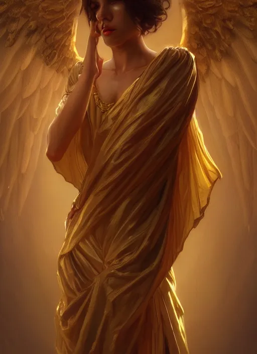 Image similar to a Photorealistic dramatic hyperrealistic render of an angel, gold clothes, dramatic lighting, by WLOP,Artgerm,Greg Rutkowski,Alphonse Mucha, Beautiful dynamic dramatic dark moody lighting,shadows,cinematic atmosphere,Artstation,concept design art,Octane render,8K