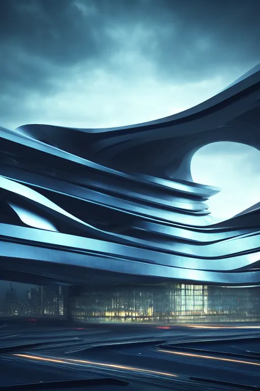 Image similar to a futuristic scene in front of a zaha hadid building, cinematic matte painting, extreme detail photo quality, dark moody colors, featured on behance