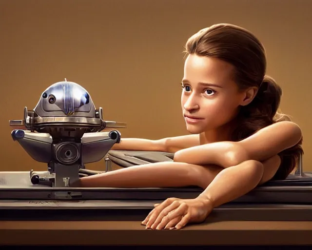 Image similar to weta disney pixar movie still head and torso portrait photo of young alicia vikander lying on her back on a mechanical table with a white ponytail as thoughtful intricate detailed mechanical plastic cyborg girl by pixar, by weta, wlop, ilya kuvshinov, rossdraws, artgerm, latex, iridescent, bright morning, anime, liosh, mucha