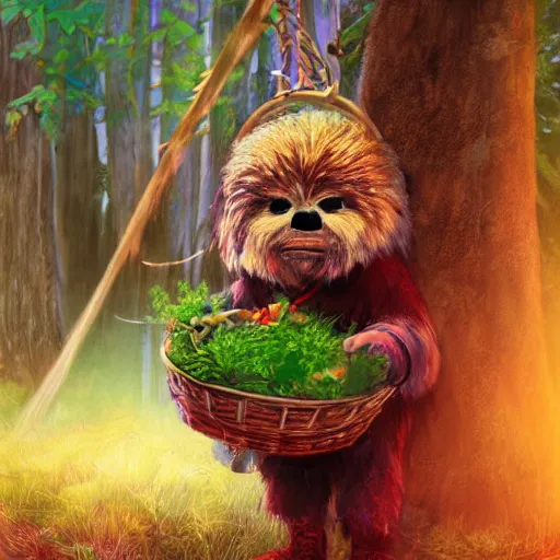 Image similar to adventurous ewok shopping in the forest market at night with a basket that contains acorns, berries, and leaves, artstation, colorful