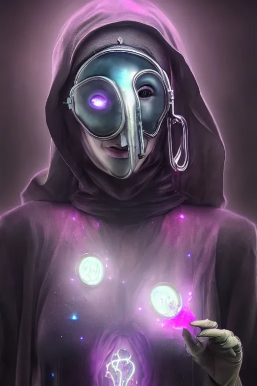 Image similar to wow! 3 / 4 stunning photorealistic portrait of a female plague doctor with a nebula aura in a kowloon! cyberpunk cityscape, bioluminescent bodysuit, acid rain, dark scifi, by artgerm and sorayama and alphonse mucha, ultrarealistic, hyperdetailed, trending on artstation, octane render