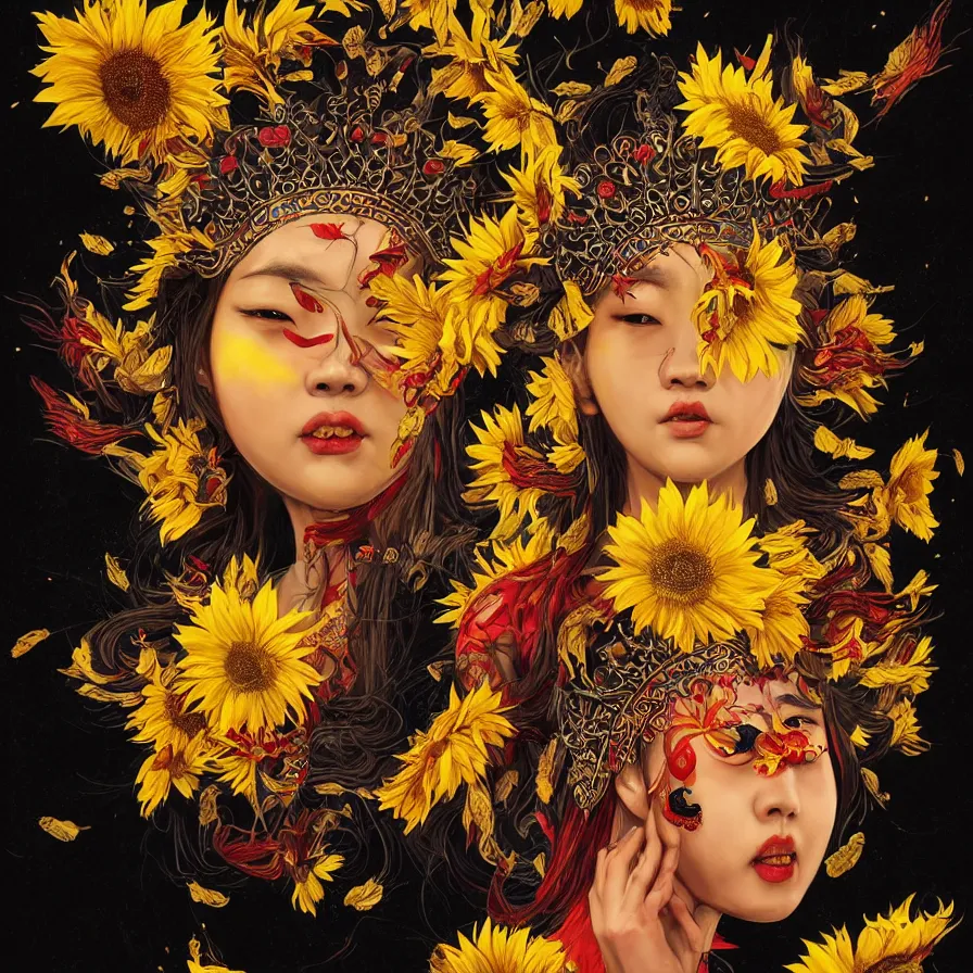 Image similar to Sunflower Chinese goddess-queen and her open third-eye, wearing an helianthus crown and a black brown and yellow dress, colourful, dark-red background, surreal, dramatic lighting, face, detailed, intricate, elegant, highly detailed, digital painting, artstation, concept art, smooth, sharp focus, illustration, art by Sam Spratt, Dan Mumford, Artem Demura and Alphonse Mucha