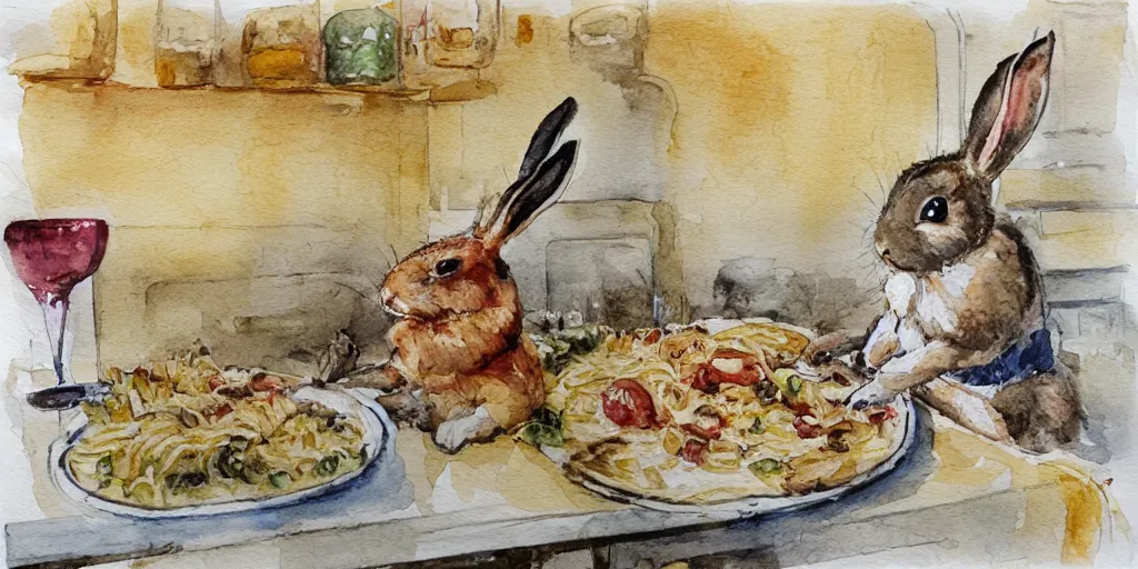 Image similar to a rabbit cooking pasta in a french restaurant kitchen, realistic watercolour