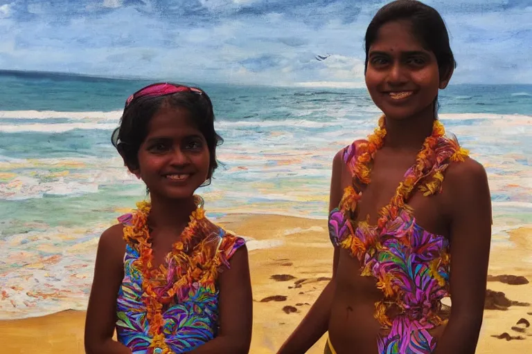 Prompt: a happy sri lankan girl at the beach with iridescent skin by kehinde wiley