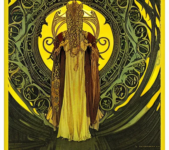 Prompt: Hastur the ancient king in yellow (last king of the lost city of Carcosa), art nouveau portrait, by alphonse mucha, Adolfo Hohenstein, Stanley Artgerm Lau, greg rutkowski, thomas kindkade, loish