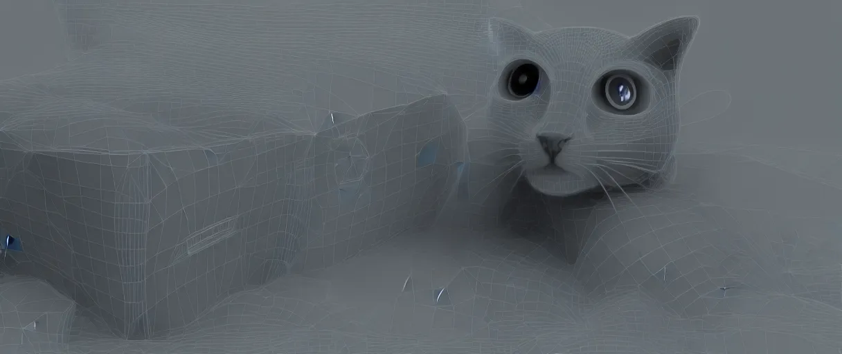 Image similar to 3 d render of schrodinger's cat in a box, quantum paradox, dead and alive, quantum superposition, waves and particles, wave function, scifi style, concept art, artsation 4 k