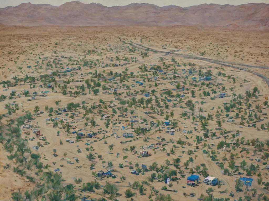 Prompt: landscape, bird view, large Trailer park in the desert near the oasis with a reservoir and rednecks, painting by Alison Elizabeth Taylor