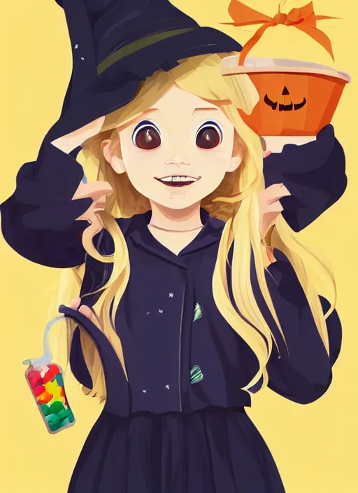 Image similar to three year old girl with long blonde hair in a halloween scene. she is carrying a candy bucket. clean cel shaded vector art. shutterstock. behance hd by lois van baarle, artgerm, helen huang, by makoto shinkai and ilya kuvshinov, rossdraws, illustration, art by ilya kuvshinov