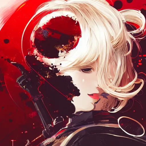 Prompt: highly detailed portrait of a young astronaut lady with a wavy blonde hair and curvy figure, by Dustin Nguyen, Akihiko Yoshida, Greg Tocchini, Greg Rutkowski, Cliff Chiang, 4k resolution, nightclub dancing inspired, nier:automata inspired, rave inspired, vibrant but dreary red, black and white color scheme!!! ((Space nebula background))