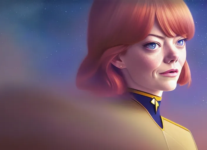 Image similar to a disney film still of emma stone as a star trek officer, finely detailed features, closeup of the face, perfect art, dusk, blue hour, gapmoe yandere grimdark, trending on pixiv fanbox, painted by greg rutkowski, makoto shinkai, takashi takeuchi, alphonse mucha, akihiko yoshida