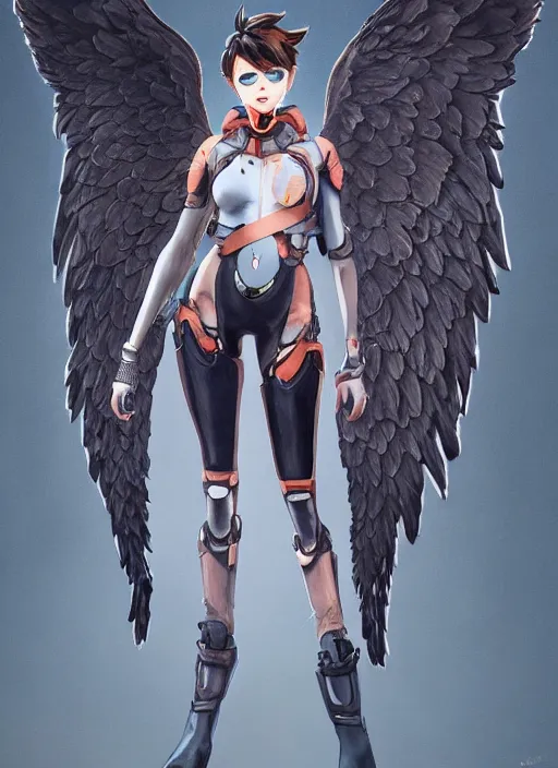 Image similar to full body artwork of tracer overwatch, wearing leather collar, in style of zdzisław beksinski, angel wings, dramatic painting, symmetrical composition, wearing detailed leather collar, black shiny armor, chains, black harness, detailed face and eyes,